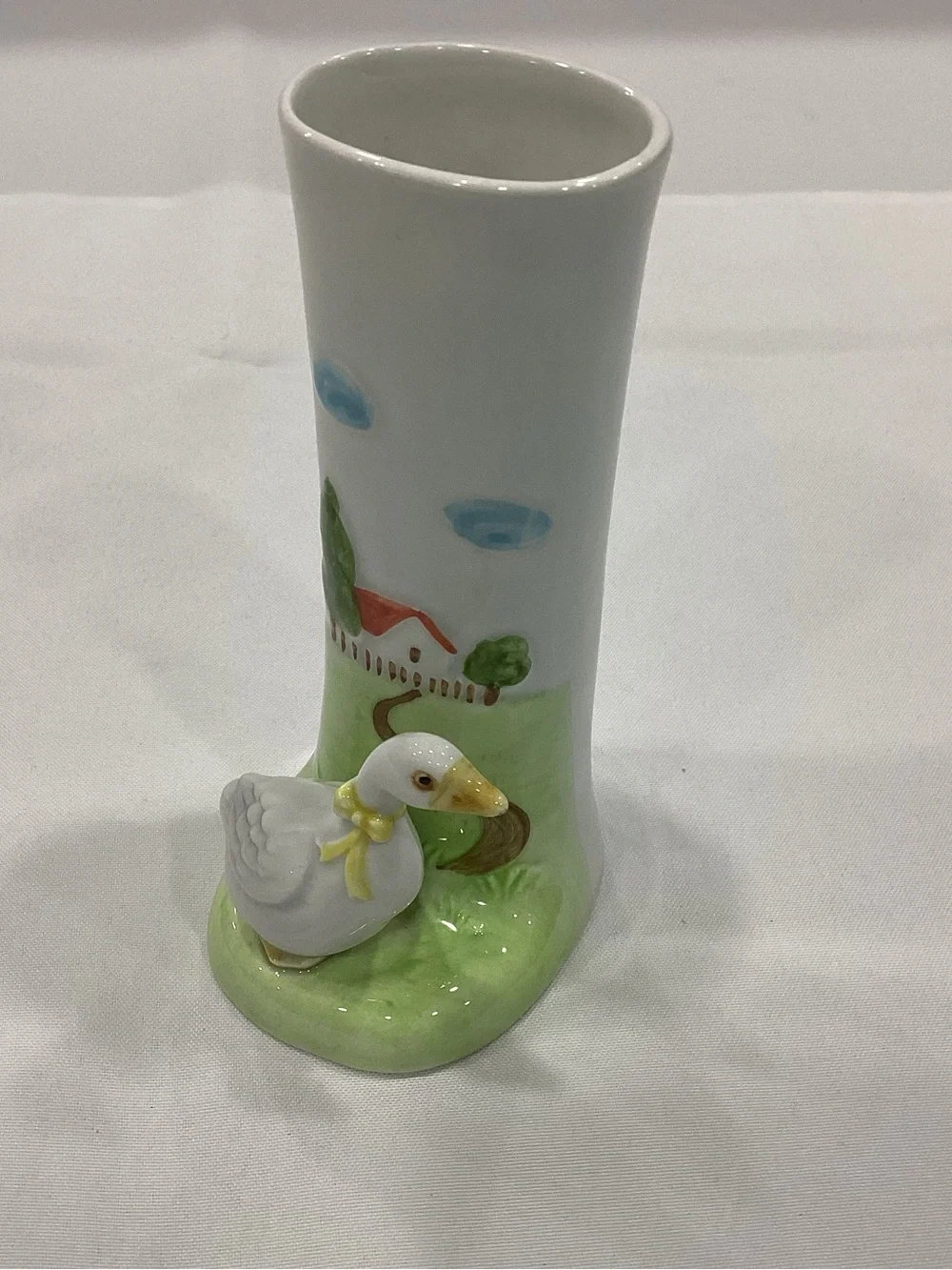 White Ceramic Duck Accent Vase with Pastel Green Landscape